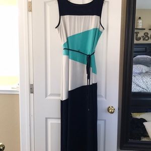 Long Blue and white dress with sheer shoulders